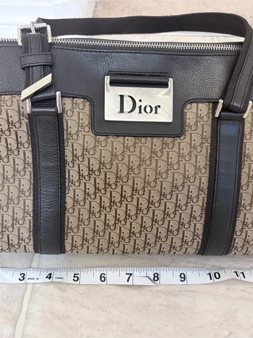 Dior Brown Beige Monogram Shoulder Bag with Black Trim